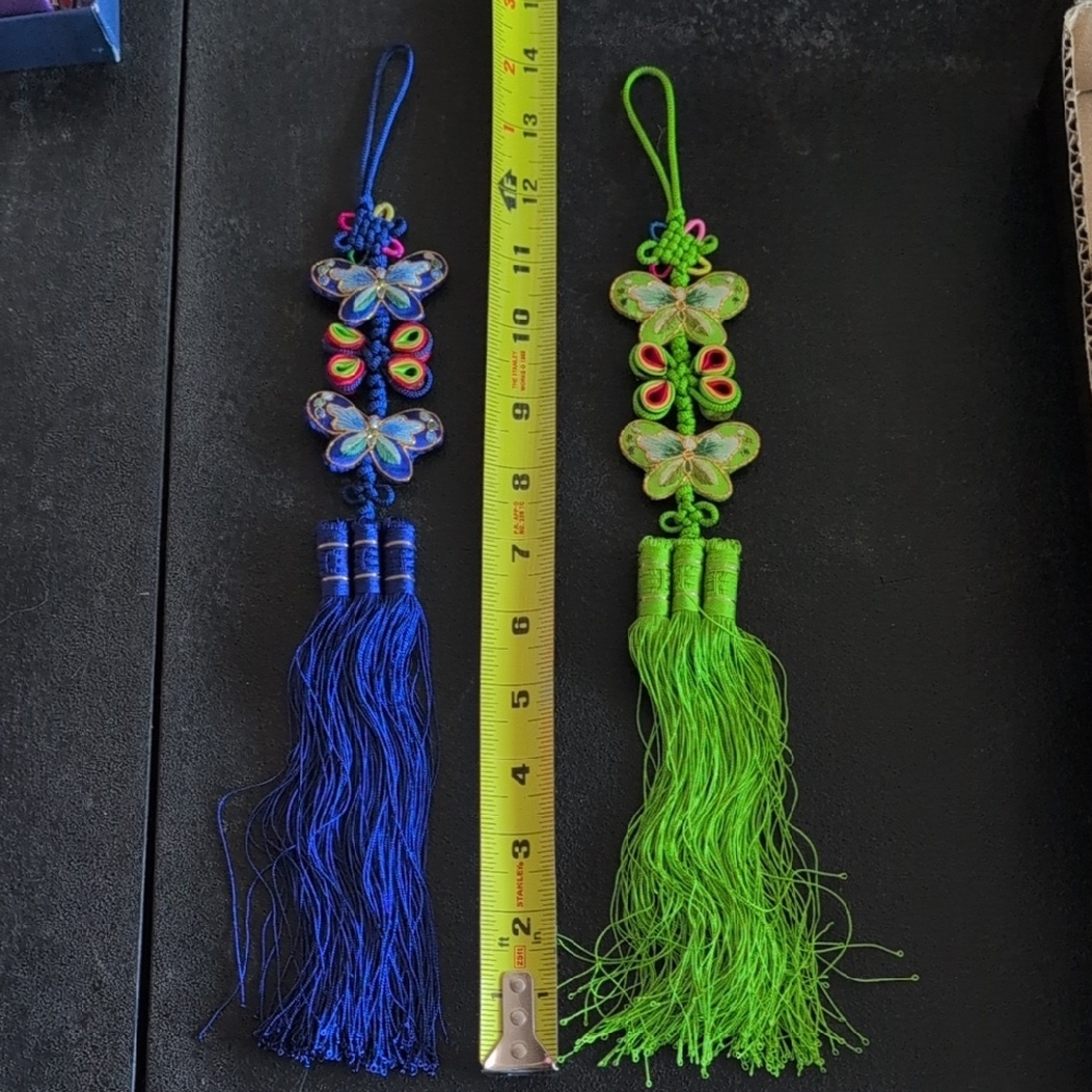 Set of Butterfly Tassel Hangings in Bright Blue and Neon Green